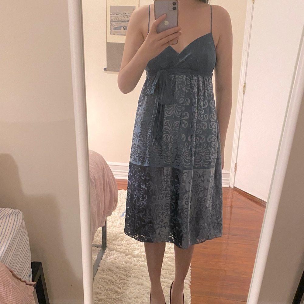 Max & Cleo Teal Silk and Burnished Velvet Dress, size 2